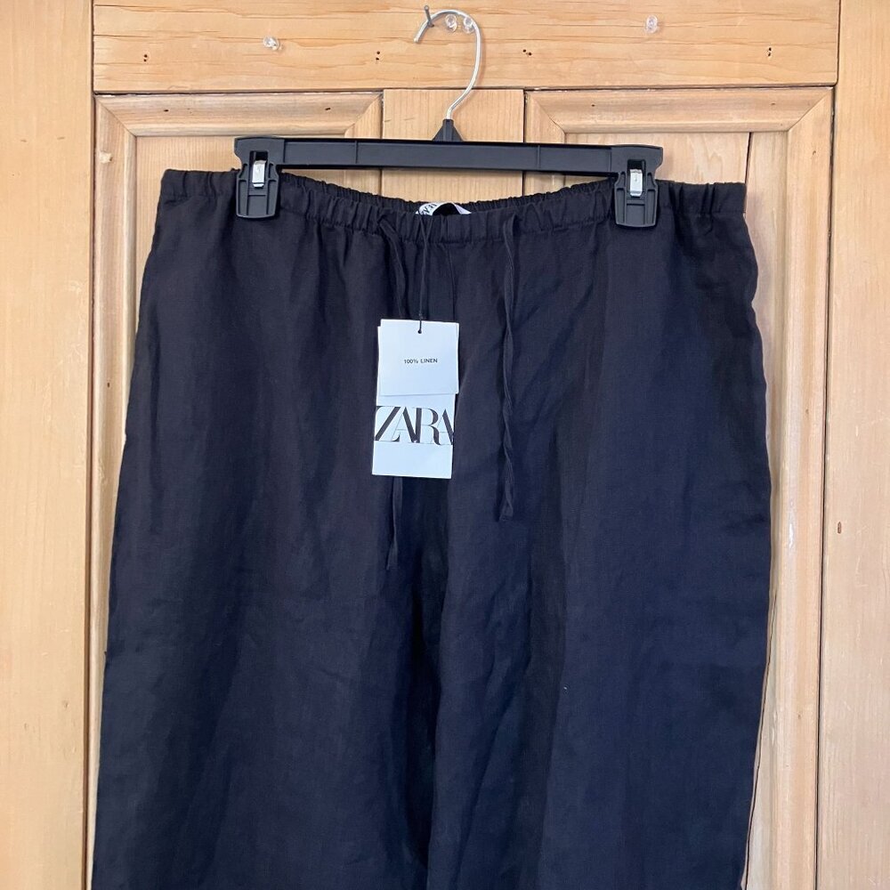 Zara Womens 100% Linen Wide Leg Drawstring Pockets Pants Size XL Black SP NWT - Picture 4 of 12